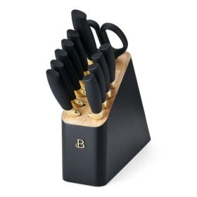 Beautiful 12 Piece Stainless Steel Knife Set Block Soft Grip Handles Black Sesame by Drew Barrymore