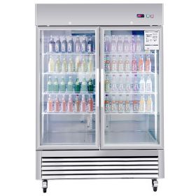 54"W Commercial Refrigerator 2 Section 2 Glass Door Stainless Steel Display Refrigerator 42.2 Cu.ft. Reach-in Merchandising Refrigerator Upright