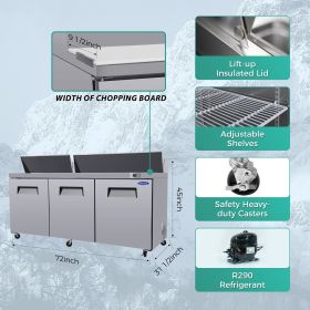 Orikool 72 IN Commercial Refrigerators Sandwich&Salad Prep Table with a Butcher Block Cutting Board, Protection Lid, Cold Storage, ETL Certified