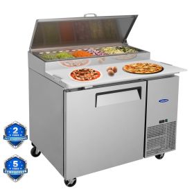 Orikool 44 IN Commercial Pizza Prep Table with a Built-in Refrigerator 11 Cu.Ft, Butcher Block Cutting Board, Protection Lid, Cold Storage